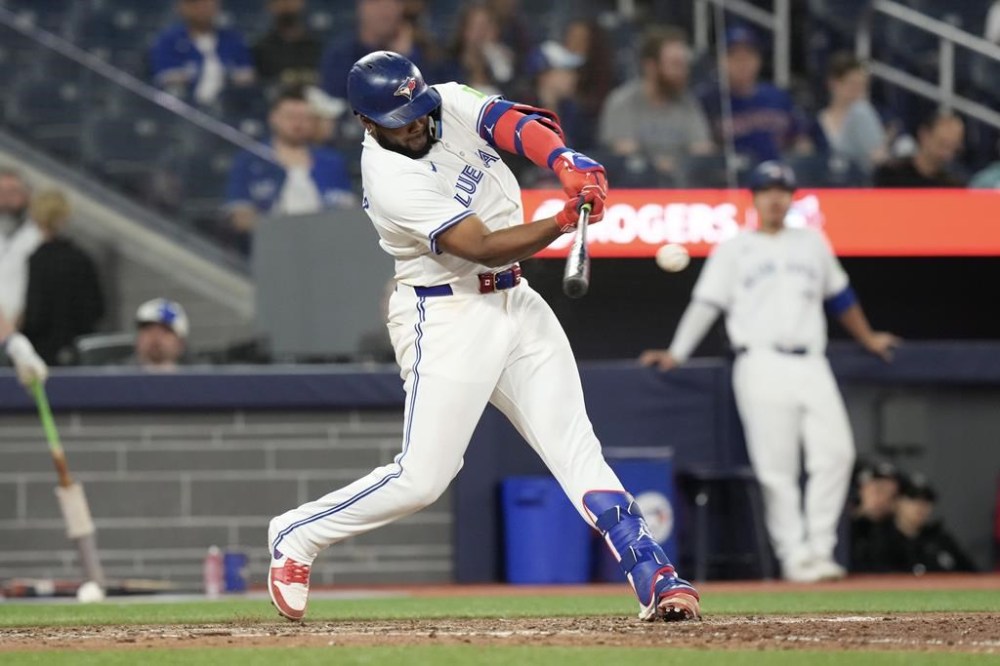 Toronto Blue Jays' Vladimir Guerrero Jr. hits a single during eighth inning interleague MLB baseball action against the Miami Marlins in Toronto, Friday, September 27, 2024. Toronto Blue Jays slugger Vladimir Guerrero Jr. was named a finalist for an American League Silver Slugger Award on Monday. THE CANADIAN PRESS/Chris Young