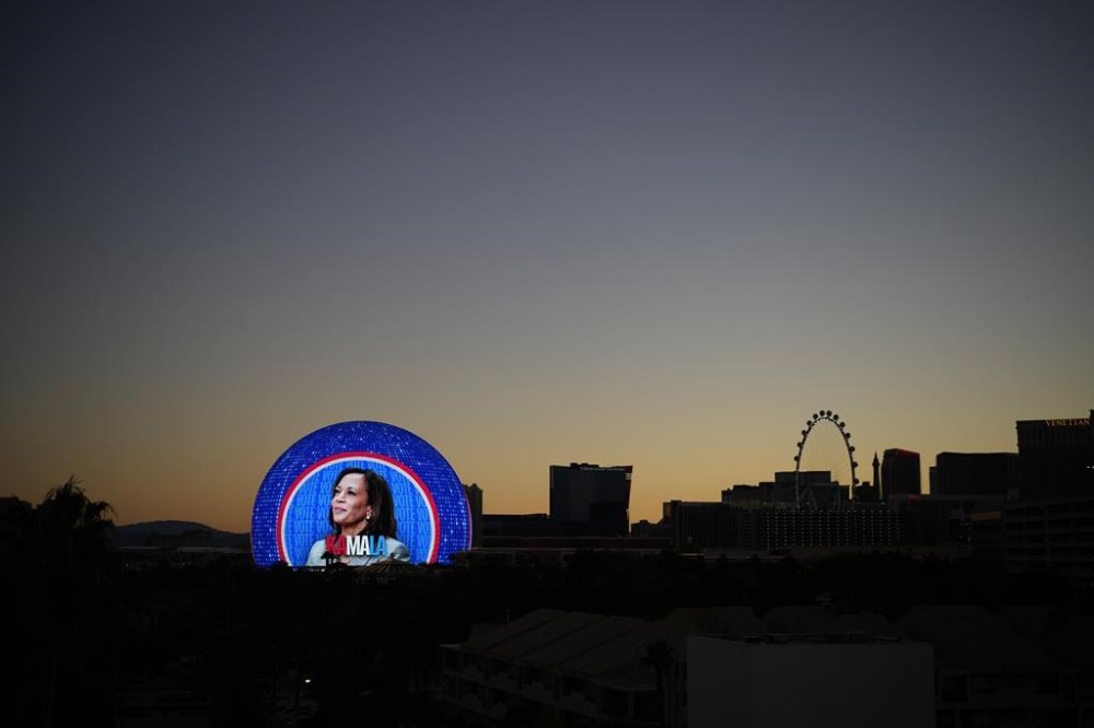 A political advertisement for Democratic presidential nominee Vice President Kamala Harris is displayed on the Sphere, Monday, Nov. 4, 2024, in Las Vegas. (AP Photo/John Locher)