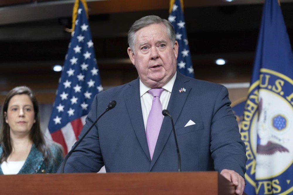 FILE - Rep. Ken Calvert, R-Calif., chairman of the House Appropriations Subcommittee on Defense, speaks during a news conference on Capitol Hill in Washington, Tuesday, Feb. 6, 2024. (AP Photo/Jose Luis Magana, File)