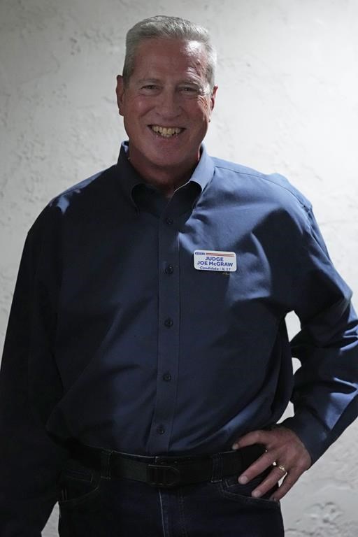 Judge Joe McGraw, the Republican challenger in the 17th district, poses for a photo during Homebuilders Association event at Lino's restaurant in Rockford, Ill., Thursday, Oct. 17, 2024. (AP Photo/Nam Y. Huh)