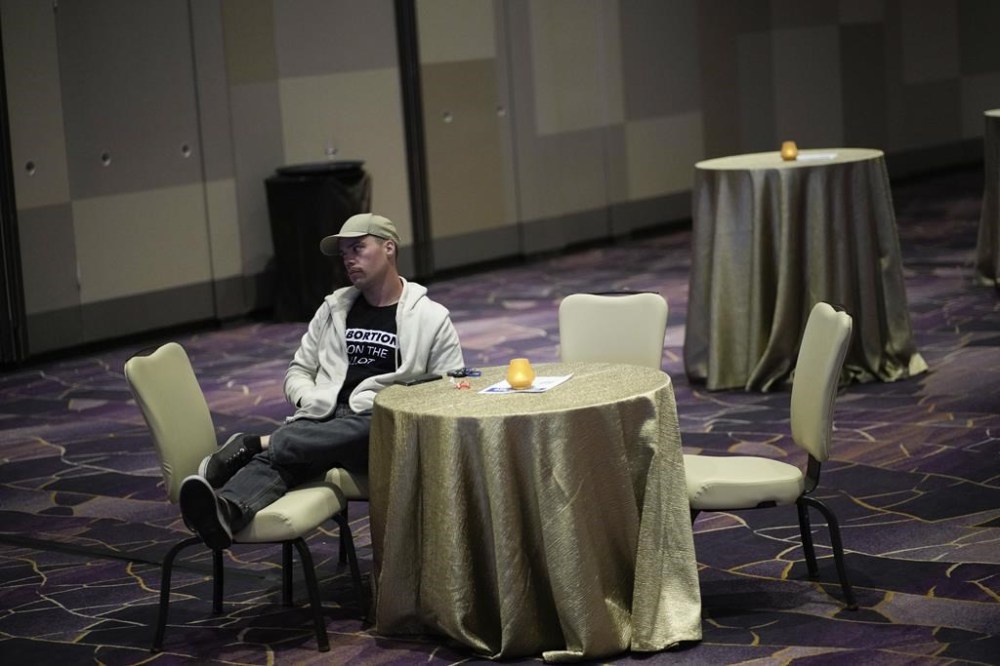 A person attends a Nevada Democrats watch party on election night Tuesday, Nov. 5, 2024, in Las Vegas. (AP Photo/John Locher)