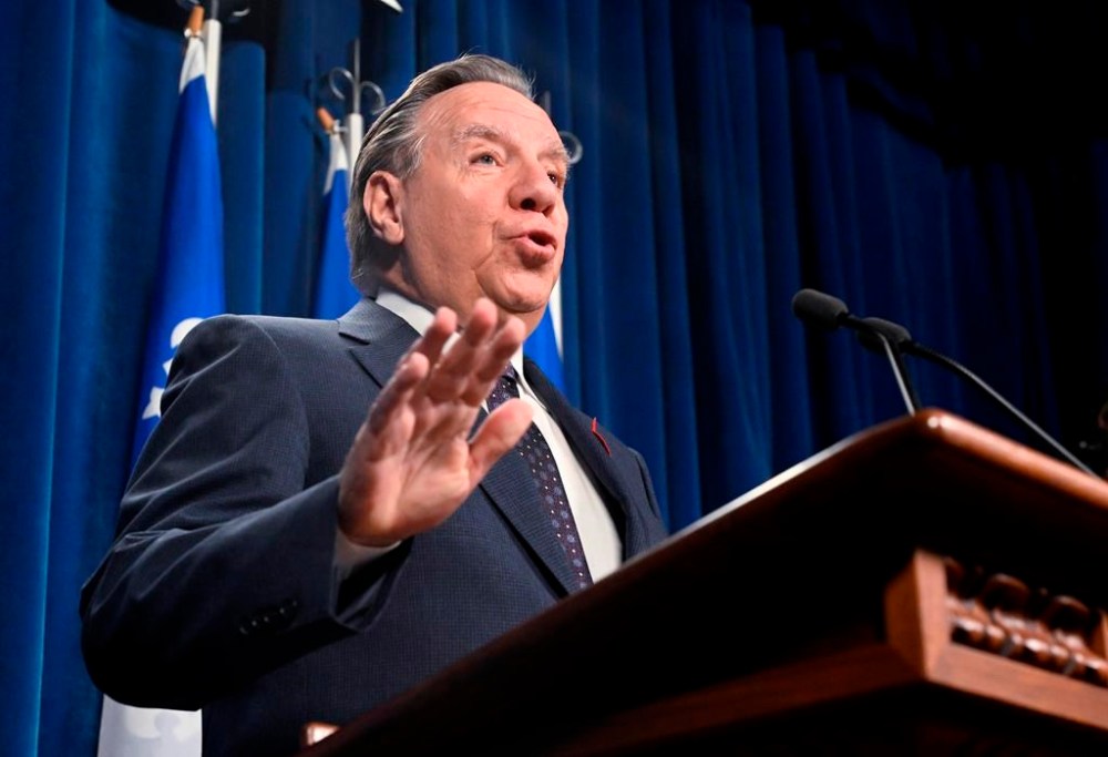 Quebec Premier Francois Legault reacts to the election of Donald Trump at a news conference before question period, Wednesday, November 6, 2024 at the legislature in Quebec City. THE CANADIAN PRESS/Jacques Boissinot