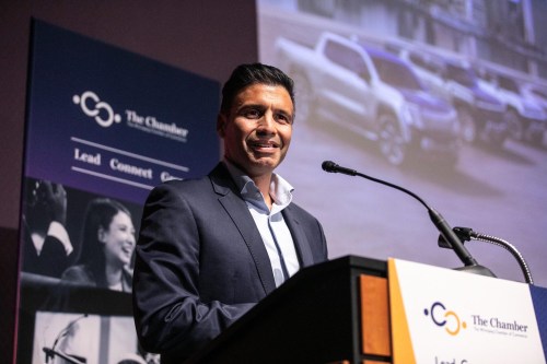 MIKAELA MACKENZIE / FREE PRESS
	
Kristian Aquilina, president of GM Canada, speaks at a Winnipeg Chamber of Commerce “At The Table” talk at the RBC Convention Centre on Wednesday, Oct. 2, 2024.

For Gabby story.
Winnipeg Free Press 2024