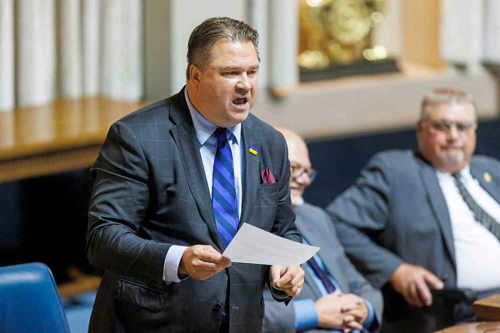 MIKE DEAL / FREE PRESS
Fort Garry MLA Mark Wasyliw asks a question of his former boss, Premier Wab Kinew, during question period of the first session of the 43rd Legislature sitting Wednesday afternoon.