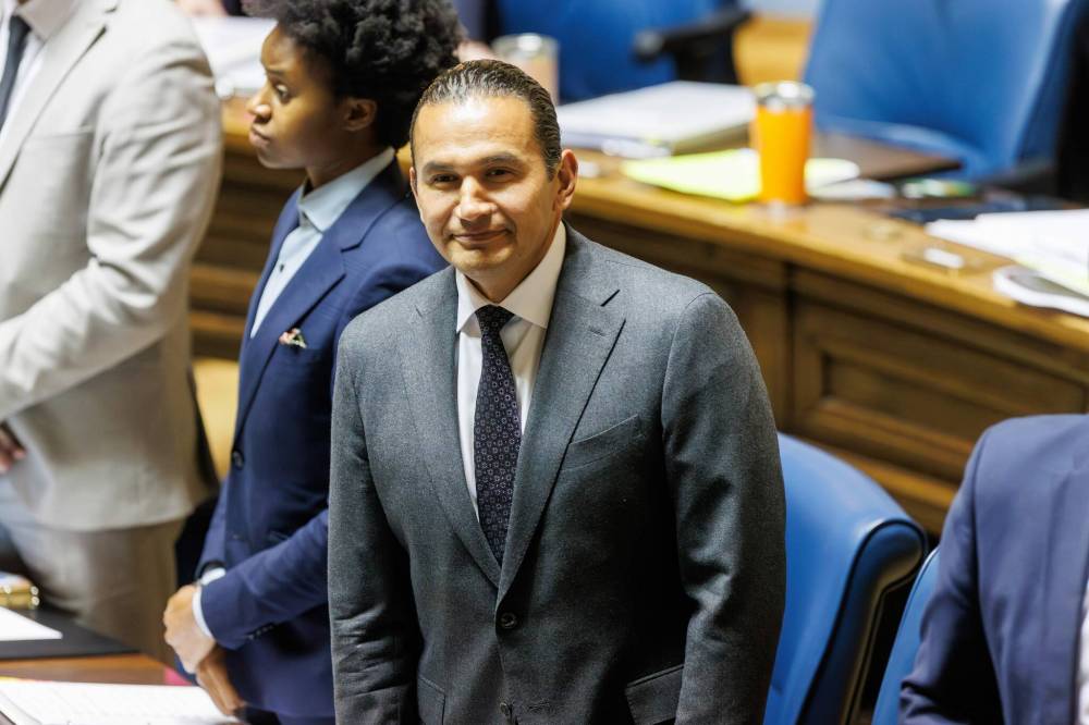 MIKE DEAL / FREE PRESS
                                Premier Wab Kinew told reporters Sept. 17 that pausing the homelessness benefit was news to him, too.