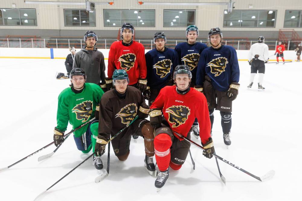 MIKE DEAL / FREE PRESS
Fromer WHLers who have joined the U of M Bisons hockey team this season inlcude; Dawson Pasternak (back, left), Eric Alarie, Skyler Bruce, Caden Zaplitny, Riley Stotts, Mitchell Joss (front left), Dexter Whittle and Grady Lane.