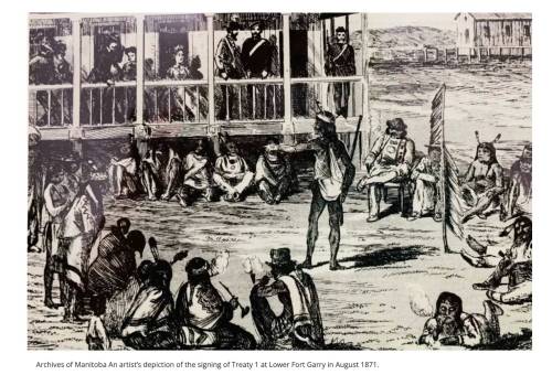 An artist’s depiction shows the signing of Treaty 1 at Lower Fort Garry in August 1871. (Archives of Manitoba)