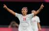 Canada’s Desiree Scott celebrates at the end of a women’s soccer match against Chile at the 2021 Summer Olympics in Sapporo, Japan. Canada won 2-1. (Silvia Izquierdo / The Associated Press files)