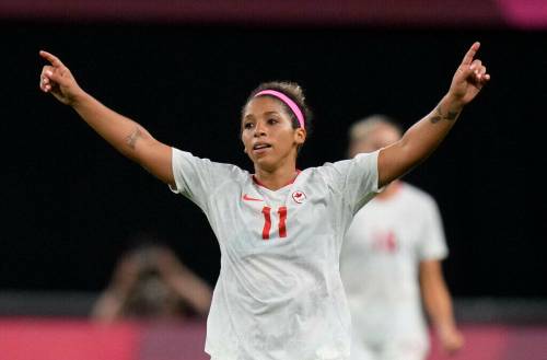 Canada&rsquo;s Desiree Scott celebrates at the end of a women&rsquo;s soccer match against Chile at the 2021 Summer Olympics in Sapporo, Japan. Canada won 2-1. (Silvia Izquierdo / The Associated Press files)
