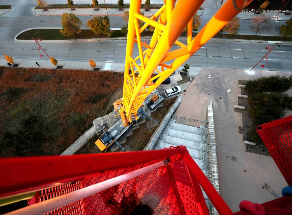 A view of the ground from the crane bucket. (Ruth Bonneville / Free Press)