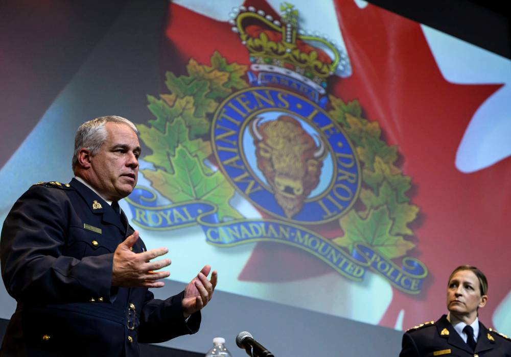 Justin Tang / The Canadian Press
RCMP commissioner Mike Duheme (left) speaks during a news conference with assistant commissioner Brigitte Gauvin at RCMP National Headquarters in Ottawa. The news conference was concerning the police investigation that led to the expulsion of six Indian diplomats and consular officials.