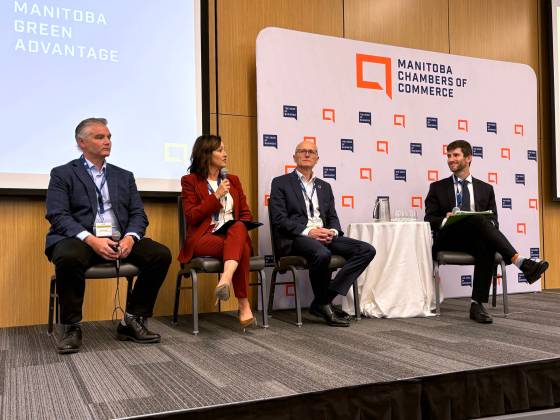 From left: Jack Winram (executive director of Manitoba Environmental Industries Association), Colleen Kuruluk (CEO at Efficiency Manitoba) and Fred Meier (president of RRC Polytech) participate in a panel discussion Tuesday moderated by Nick Gamble (Manitoba Chambers of Commerce). (Aaron Epp / Free Press)