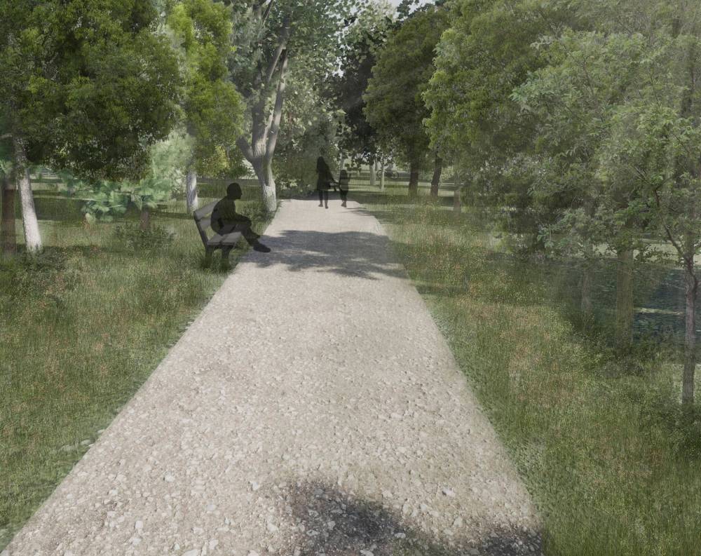 SUPPLIED RENDERING
The 18-acre agricultural field, near the outskirts of Tyndall, would become a park where people can mix the ashes of a loved one with the roots of a tree they purchase.