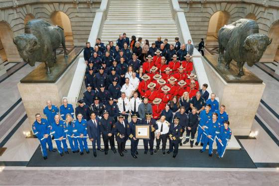 Premier Wab Kinew inducted a total of 134 first responders in to the Order of the Buffalo Hunt. (Mike Deal / Free Press)