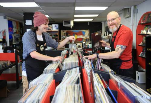 Ruth Bonneville / Free Press
                                Sam (left) and Ryan in their newly opened Frenchie&rsquo;s Records and Coffee on Tache Avenue.