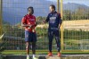 Mario Balotelli, left, listens to Genoa's head coach Alberto Gilardino during a training session in Genoa, Italy, Monday, Oct. 28, 2024. (Tano Pecoraro/LaPresse via AP)