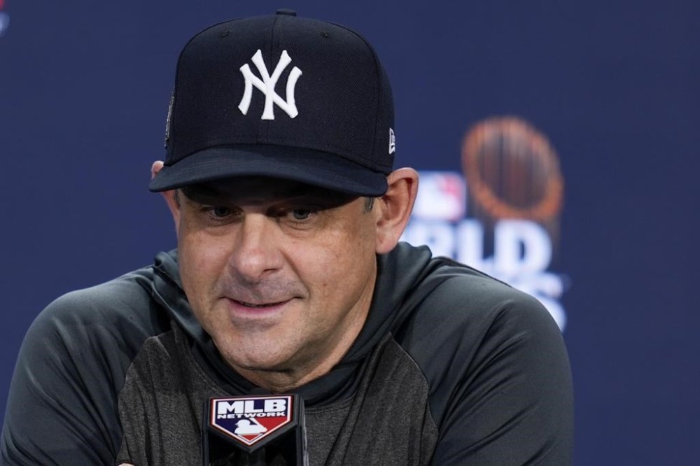 New York Yankees manager Aaron Boone speaks during a news conference before Game 3 of the baseball World Series Los Angeles Dodgers, Monday, Oct. 28, 2024, in New York. (AP Photo/Ashley Landis)