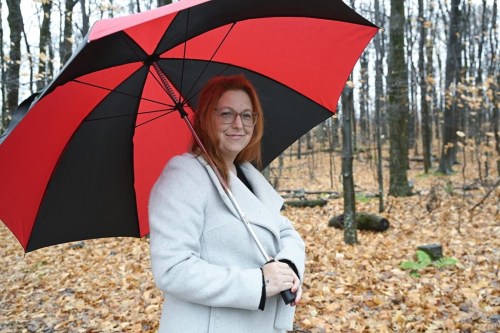 Sandra Demontigny stands in a park on a rainy day in Levis, Que., Friday, Nov. 1, 2024. THE CANADIAN PRESS/Jacques Boissinot
