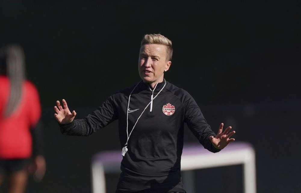 FILE - Canada coach Beverly Priestman gestures during a soccer training session ahead of the FIFA Women's World Cup in Melbourne, Australia, Monday, July 17, 2023. (Scott Barbour/The Canadian Press via AP, File)