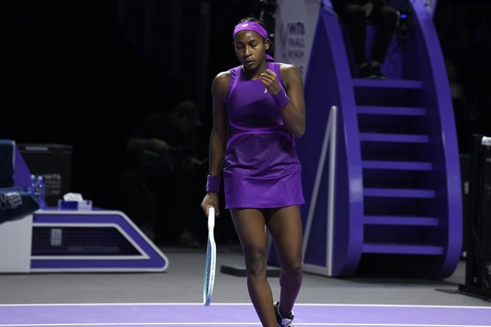 Coco Gauff of the U.S. celebrates a point against China's Qinwen Zheng during their women's singles final match of the WTA finals at the King Saud University Indoor Arena, in Riyadh, Saudi Arabia, Saturday, Nov. 9, 2024. (AP Photo)