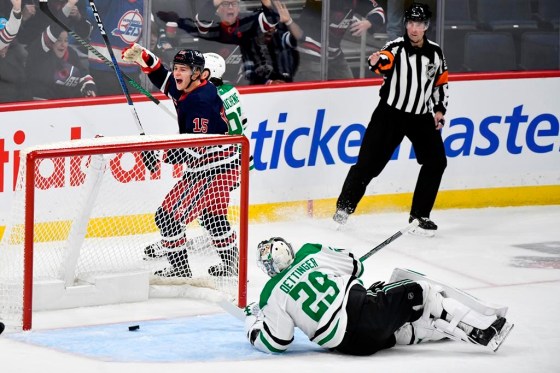 Winnipeg Jets' Rasmus Kupari celebrates after scoring on Dallas Stars goaltender Jake Oettinger in the first period of their game in Winnipeg on November 9. Fred Greenslade / THE CANADIAN PRESS FILES