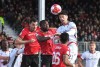 Forge FC's Alessandro Hojabrpour, right, rises to head the ball during first half soccer action in the Canadian Premier League Final in Calgary on Saturday, November 9, 2024. THE CANADIAN PRESS/Stuart Gradon