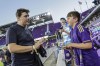 Team USA soccer Coach Mauricio Pochettino talks to 10-year-old fan Dylan McMahon before the Game 3 match between Orlando City and Charlotte FC in the first round MLS Cup playoff soccer match Saturday, Nov. 9, 2024, in Orlando, Fla. (AP Photo/Kevin Kolczynski)
