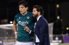 York United coach Benjamin Mora is show with defender Oswaldo Leon on Oct. 23, 2024, during York’s 2-0 win over Pacific FC at York Lions Stadium in the Canadian Premier League’s fourth-versus-fifth playoff game. THE CANADIAN PRESS/HO-Canadian Premier League-York United FC-Denys Rudenko *MANDATORY CREDIT*