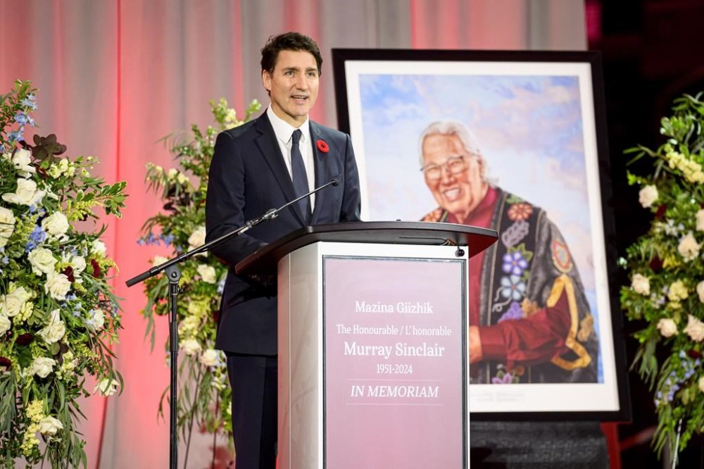 Prime Minister Justin Trudeau speaks during the memorial service for Murray Sinclair, a former judge, senator and chair of the Truth and Reconciliation Commission into residential schools, in Winnipeg on Sunday Nov. 11, 2024.
THE CANADIAN PRESS/Mike Sudoma