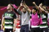Sporting's head coach Ruben Amorim, center, applauds the fans at the end of the Portuguese league soccer match between SC Braga and Sporting CP at the Municipal stadium in Braga, Portugal, Sunday, Nov. 10, 2024.