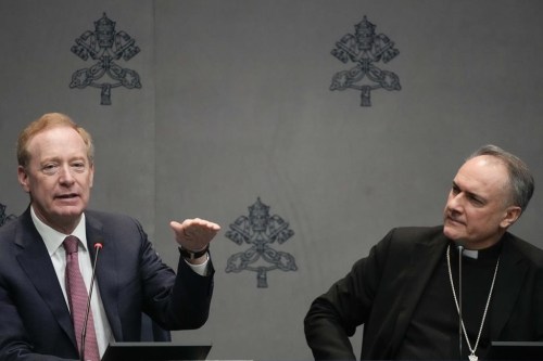 Cardinal Mauro Gambetti, right, and Microsoft's vice-Chairman and President Brad Smith unveil the project 