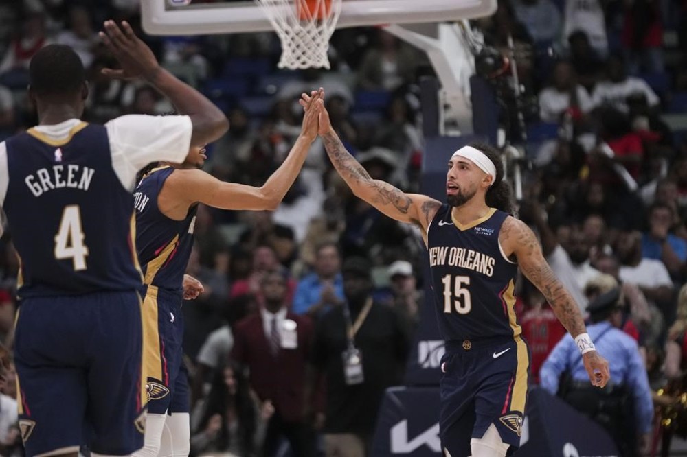 New Orleans Pelicans guard Jose Alvarado (15) celebrates in the second half of an NBA basketball game against the Cleveland Cavaliers in New Orleans, Wednesday, Nov. 6, 2024. The Cavaliers won 131-122. (AP Photo/Gerald Herbert)