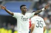 Real Madrid's Vinicius Junior celebrates after scoring his side's fourth goal during the Spanish La Liga soccer match between Real Madrid and Osasuna at the Santiago Bernabeu stadium in Madrid, Spain, Saturday, Nov. 9, 2024. (AP Photo/Jose Breton)