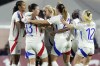 Olympique Lyonnais' scorer Melchie Dumornay, third left, and her teammates celebrate their side's second goal during the women's Champions League soccer match between AS Roma and Olympique Lyon in Rome, Italy, Wednesday, Nov. 13, 2024 (Photo by Alfredo Falcone/LaPresse via AP)
