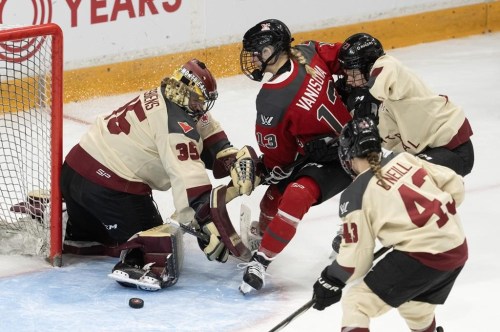 Montreal forward Kristin O'Neill watches for the loose puck as goalie Ann-Renee Desbiens and defence Erin Ambrose tie up Ottawa forward Tereza Vanisova as she drives to the net during third period PWHL action, Saturday, April 27, 2024 in Ottawa. The Professional Women’s Hockey League says all 90 games of its upcoming second regular season will be shown by its Canadian broadcast partners. The league announced its national broadcast partnerships Thursday. THE CANADIAN PRESS/Adrian Wyld