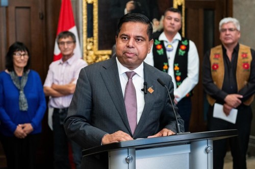 Minister of Crown-Indigenous Relations Gary Anandasangaree speaks in the foyer of the House of Commons on Parliament Hill in Ottawa, on Thursday, Oct. 10, 2024. In what's being billed as the result of 