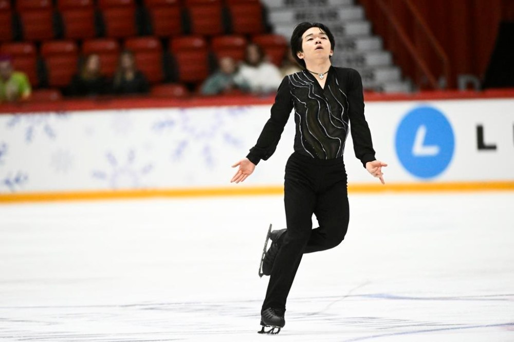 Yuma Kagiyama of Japan skates during Men's, Short Program, at the international figure skating competition Grand Prix Finlandia Trophy in Helsinki, Finland on Friday, Nov. 15, 2024. (Mikko Stig /Lehtikuva via AP)