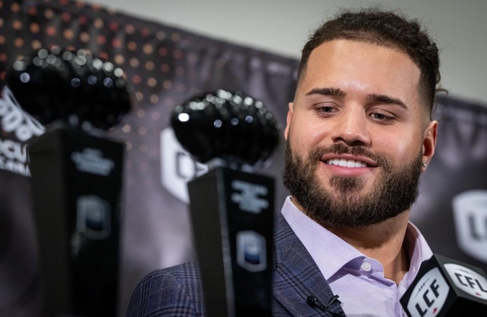 Winnipeg Blue Bombers' Brady Oliveira speaks after he is awarded Most Outstanding Player and Most Outstanding Canadian during the CFL Awards in Vancouver, on Thursday, November 14, 2024. There’s a long list of things the Toronto Argonauts must do if they hope to upset the Winnipeg Blue Bombers in Sunday’s Grey Cup game.THE CANADIAN PRESS/Ethan Cairns