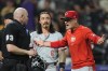 Cincinnati Reds manager David Bell, right, argues with home plate umpire Mike Estabrook, left, as Reds' Jonathan India, center, looks on in the eighth inning of a baseball game against the Colorado Rockies, Monday, June 3, 2024, in Denver. The Toronto Blue Jays have hired former Cincinnati Reds manager David Bell as vice president, baseball operations and assistant general manager.
The Blue Jays announced the move in a release Friday. (AP Photo/David Zalubowski)