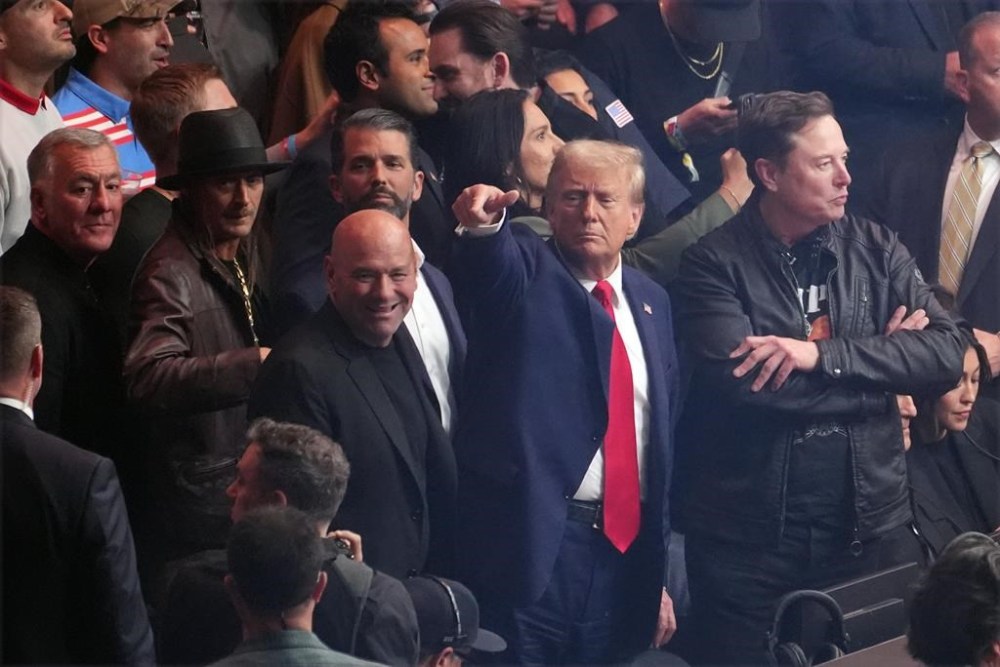 President-elect Donald Trump attends UFC 309 at Madison Square Garden, Saturday, Nov. 16, 2024, in New York, with Kid Rock, Donald Trump Jr., Dana White and Elon Musk. (AP Photo/Evan Vucci)