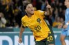 FILE - Australia's Sam Kerr celebrates after scoring her side's first goal during the Women's World Cup semifinal soccer match between Australia and England at Stadium Australia in Sydney, Australia, on Aug. 16, 2023. (AP Photo/Rick Rycroft, File)
