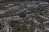 An aerial view of Chasiv Yar shows the frontline city in ruins after heavy fighting between Russian and Ukrainian forces for over a year, Donetsk Region, Ukraine, Nov. 11, 2024. (AP Photo)