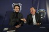 Antoine Arnault, of the French luxury group LVMH, left, and Paris FC football club owner Pierre Ferracci, shake hands at the end of a press conference, in Orly, south of Paris, Wednesday, Nov. 20, 2024. (AP Photo/Thibault Camus)