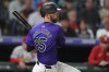 FILE - Colorado Rockies catcher Jacob Stallings (25) in the second inning of a baseball game Tuesday, Sept. 24, 2024, in Denver. (AP Photo/David Zalubowski, file)