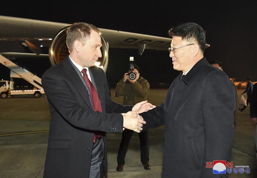 In this photo provided by the North Korean government, North Korea’s Foreign Minister of Economic Affairs Yoon Chung-ho sees off Russia’s minister of natural resources and ecology Alexandr Kozlov, left, at Pyongyang International Airport, North Korea, Wednesday, Nov. 20, 2024. Independent journalists were not given access to cover the event depicted in this image distributed by the North Korean government. The content of this image is as provided and cannot be independently verified. Korean language watermark on image as provided by source reads: