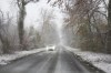 A car drives along a road in the forest of Fontainebleau during a snowfall, near Fontainebleau, south of Paris, Thursday, Nov. 21, 2024. (AP Photo/Thibault Camus)