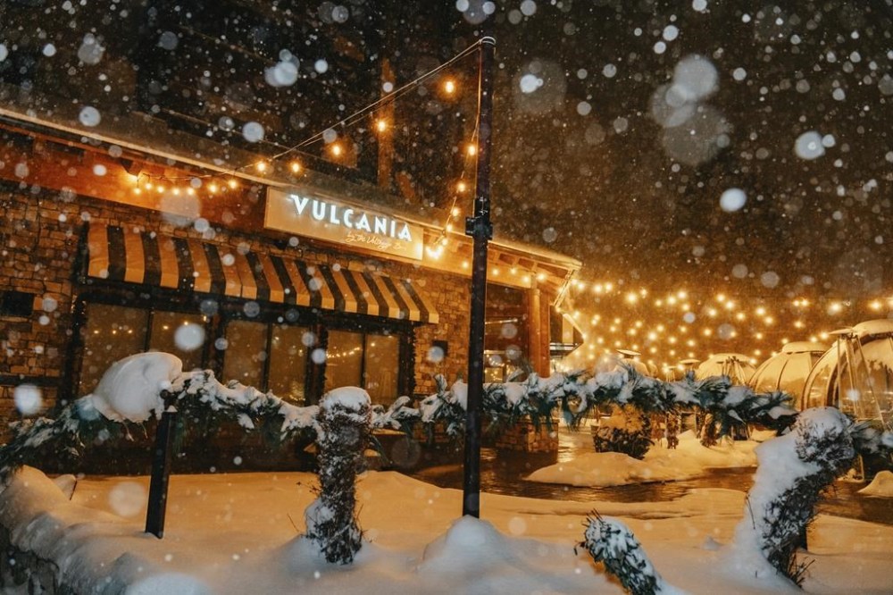 In this photo provided by Mammoth Mountain, snow comes down on a resort Sunday, Nov. 24, 2024, in Mammoth Lakes, Calif. (Cody Mathison/Mammoth Mountain via AP)