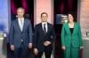 Nova Scotia party leaders, from left to right, Conservative Leader Tim Houston, Liberal Leader Zach Churchill, and NDP Leader Claudia Chender, pose following a televised debate in Halifax on Nov. 14, 2024. THE CANADIAN PRESS/Darren Calabrese
