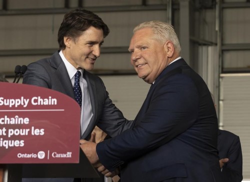 Prime Minister Justin Trudeau joins Ontario Premier Doug Ford during an event in Port Colborne, Ont., on May 14, 2024. THE CANADIAN PRESS/Tara Walton