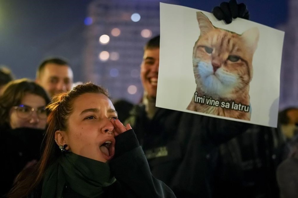 A woman shouts next to a banner depicting a grumpy cat with a text that reads